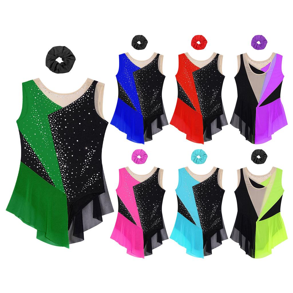 Костюм для девочек по фигурному катанию, блестящий купальник со стразами и цветными блоками, прозрачная сетка, пэчворк, художественная гимнастика, танцевальная одежда