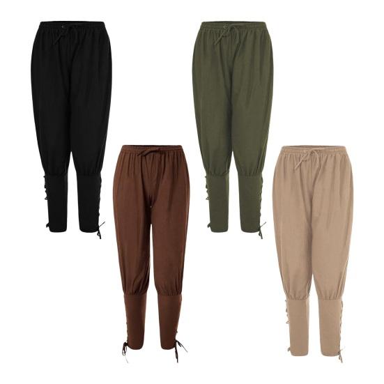 Men Pants Medieval Pirate Ankle-banded Lace-up Strap Elastic Waist Pleated Loose Solid Color Cropped Trousers Cosplay Performance Costume