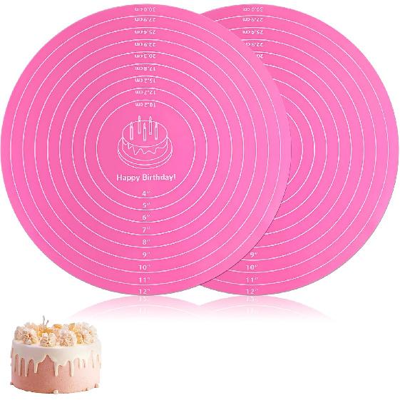 2 PCS 12 Inch Silicone Cake Mat, Pink Round Baking Mat with Measurements Reble Cake Turntable Mat Non-Stick Heat Resistant Pastry Mats for Rolling