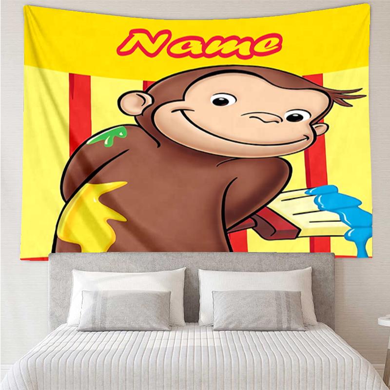 Custom Name Curious George Print Tapestry, Backdrop, Easy Setup, Ideal for Bedroom, Office & Living Room, with Aesthetic Wall Hanging Decor.