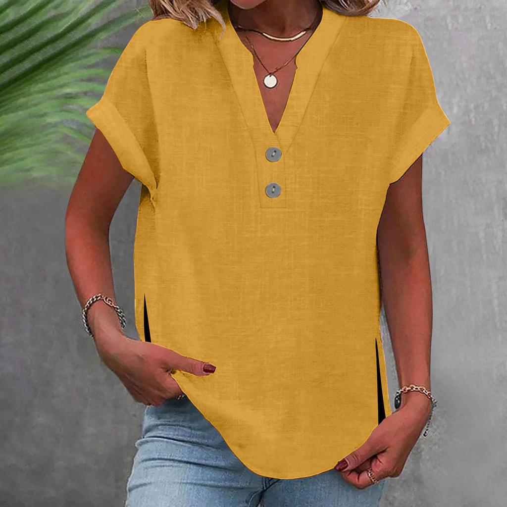 Women's Fashion Casual Solid Colour V-Neck Short Sleeve Button Split Shirt T-Shirt Top