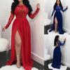 Women Fashion Solid Backless Sequin Lace Mesh Splice Hem Slit Dress