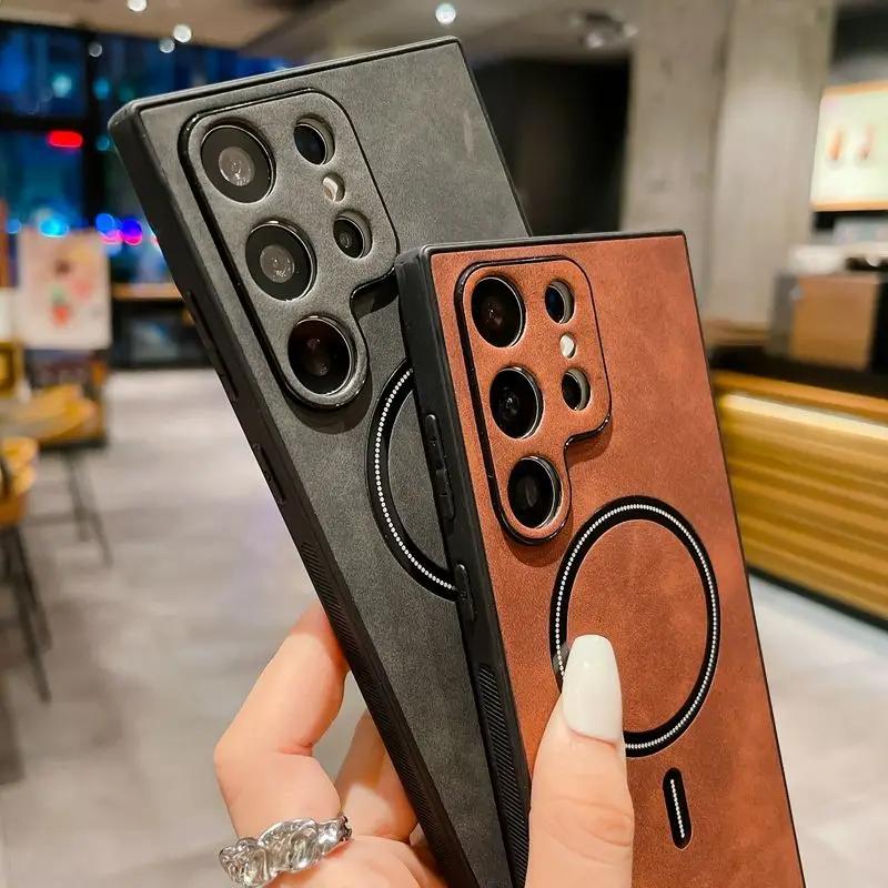Роскошный простой мягкий кожаный магнитный чехол для телефона Magsafe для Samsung Galaxy S25 S24 S23 S22 S21 Ultra Plus защитный чехол для камеры