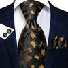 Mens Silk Tie Brown&Gold Necktie Handkerchief Cufflinks Set for Business