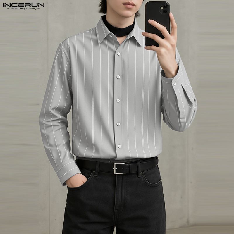INCERUN Oversized Men Turn-down Collar Long Sleeve Striped Casual Loose Shirts