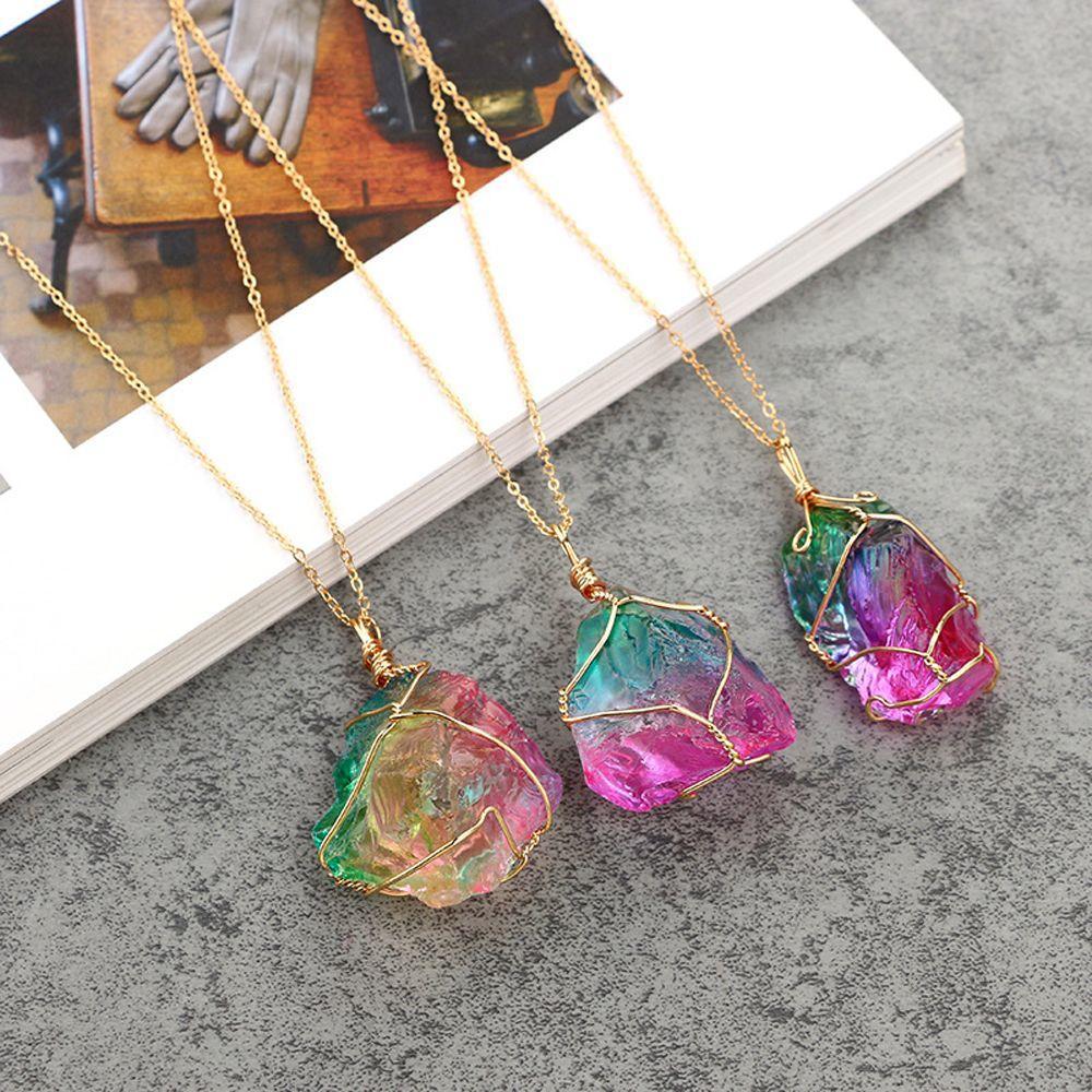 Gold Plated Chakra Quartz Jewelry Natural Crystal Pendant Necklace Irregular Rainbow Stone