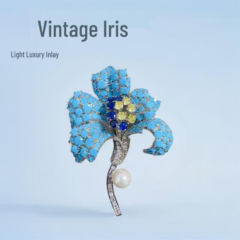 Ретро брошь-ирис с бирюзовой инкрустацией и цепочка для свитера - Роскошный двусторонний 3D женский аксессуар