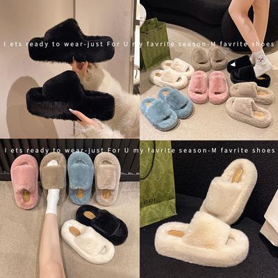 Осенние и зимние новые односложные шерстяные тапочки женские корейские версии модные туфли из конского волоса толщиной 5 см модные домашние тапочки из хлопка