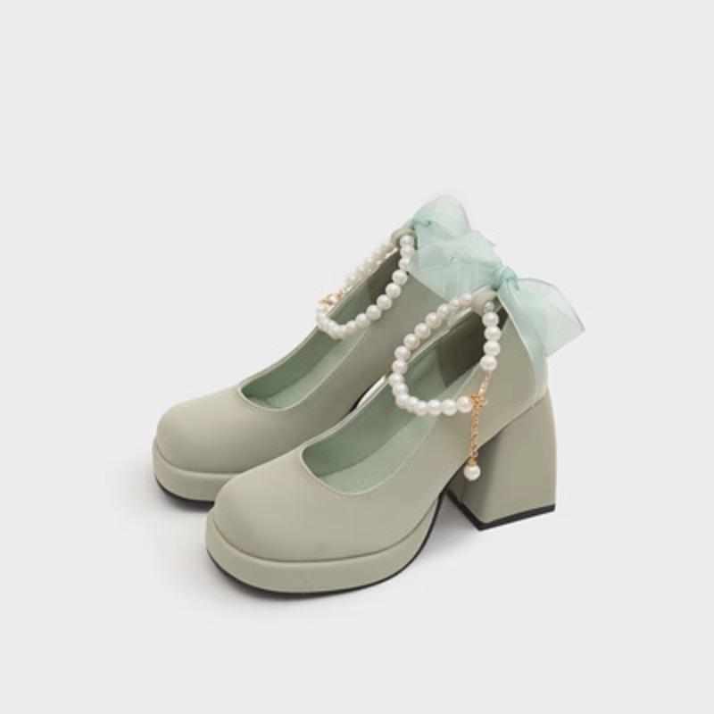 Туфли Мэри Джейн в стиле ретро с жемчужным бантом, женские весенне-осенние туфли на толстом и милом высоком каблуке