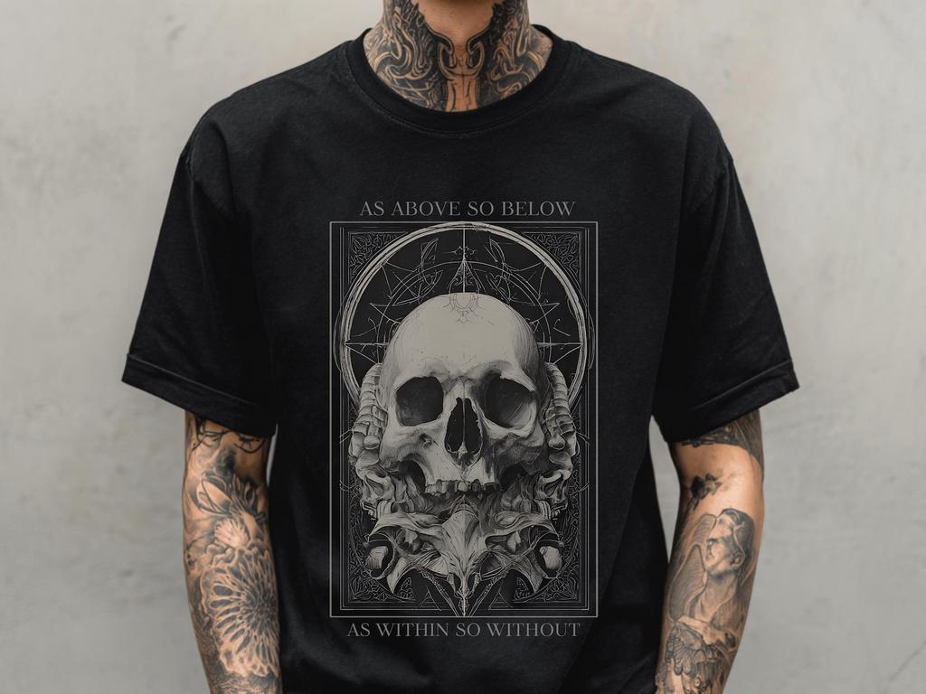 As Above So Below Skull Graphic Print T-Shirt, Unisex Punk Grunge Shirt, Occult Alternative Clothing, Men's Goth T-Shirt, Gift For Him Her