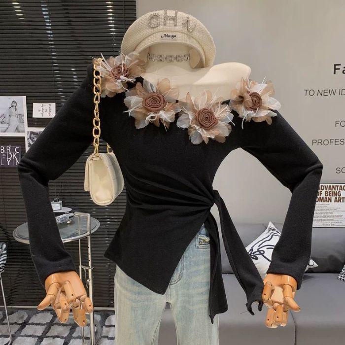 Женский облегающий топ с открытыми плечами и длинными рукавами в цветочек