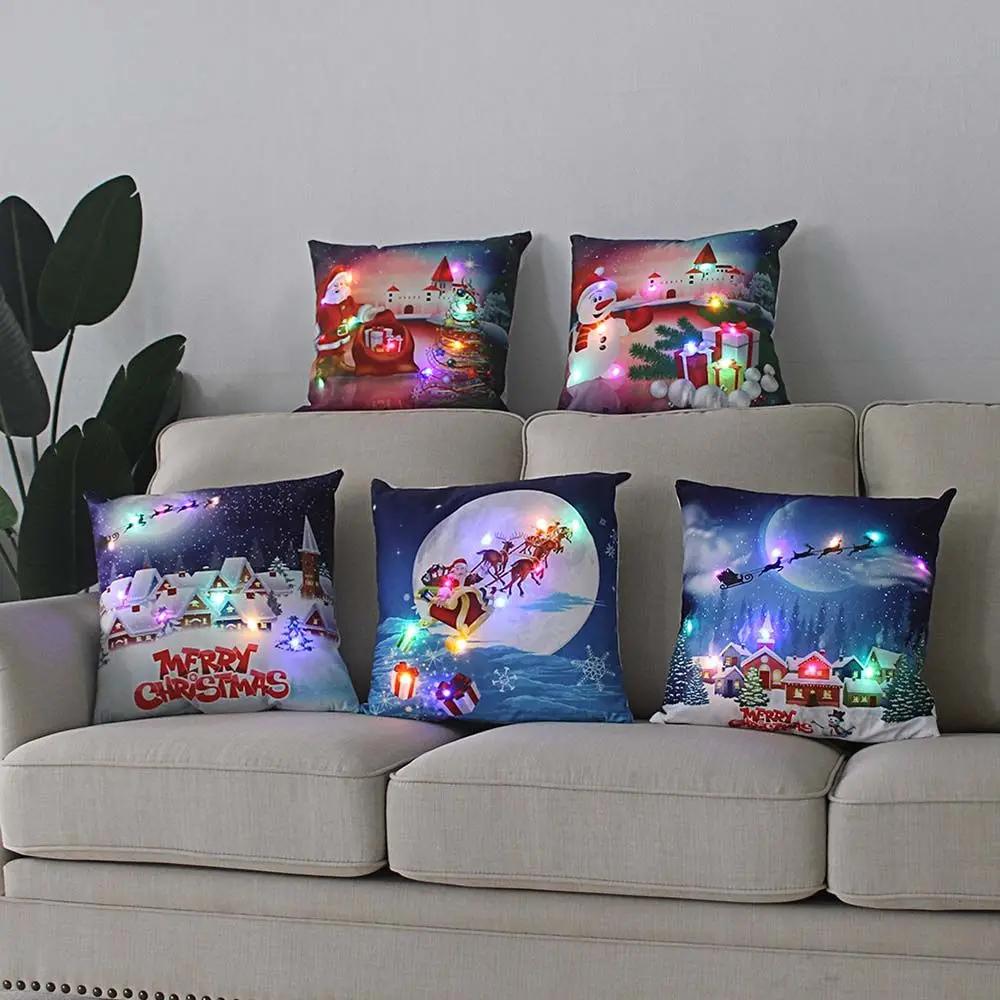 Christmas Light LED Decoration 45x45cm Santa Sled Village Color Ball Sofa Seat Pillow Sleeve Cases