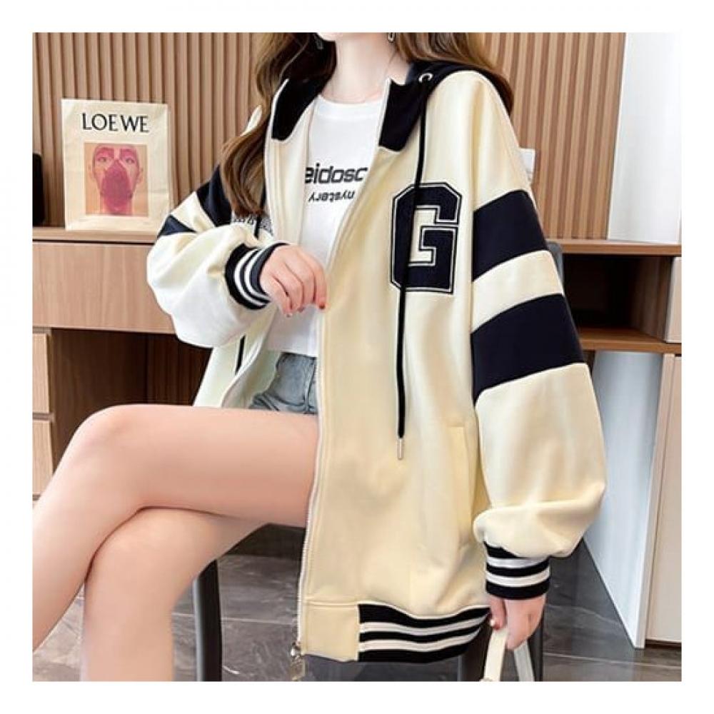 Navava Casual Loose Fit Color Block Long Sleeve Zip Up Hoodie