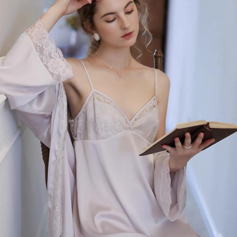 Пижама из ледяной шелковой ленты, женская ночная рубашка на слинге, двухсекционная ночная рубашка во французском дворцовом стиле, домашняя осень, корейский шикарный винтажный элегантный повседневный костюм