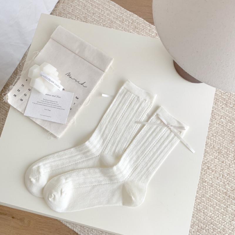 Summer Thin Hollow Mid-tube Socks with Side Bow Ribbon Ballet Style Cream Lolita JK Mesh Socks
