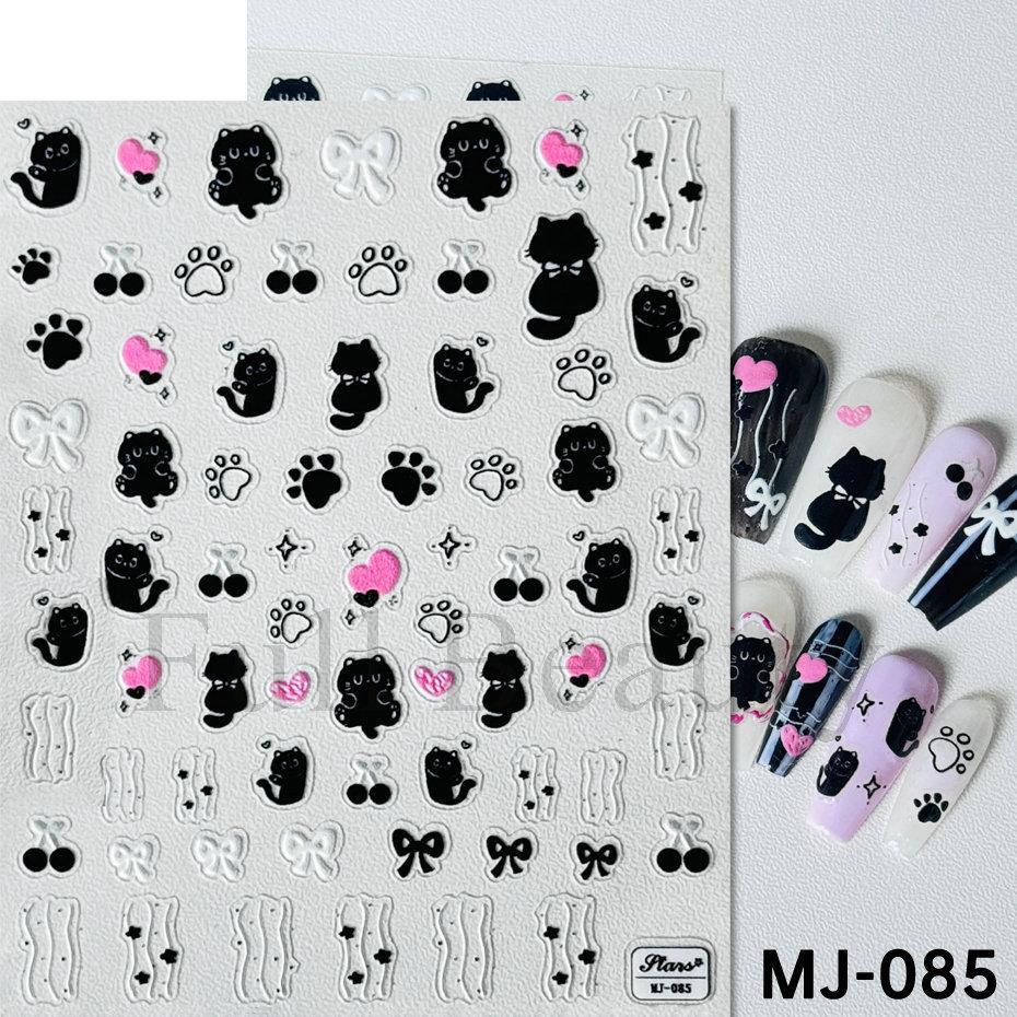 Kawaii Little Black Cat Nail Stickers Cartoon Cute Cat Stars Letters Nail Sliders Y2K Korean Japanese Nail Art Manicure Decors