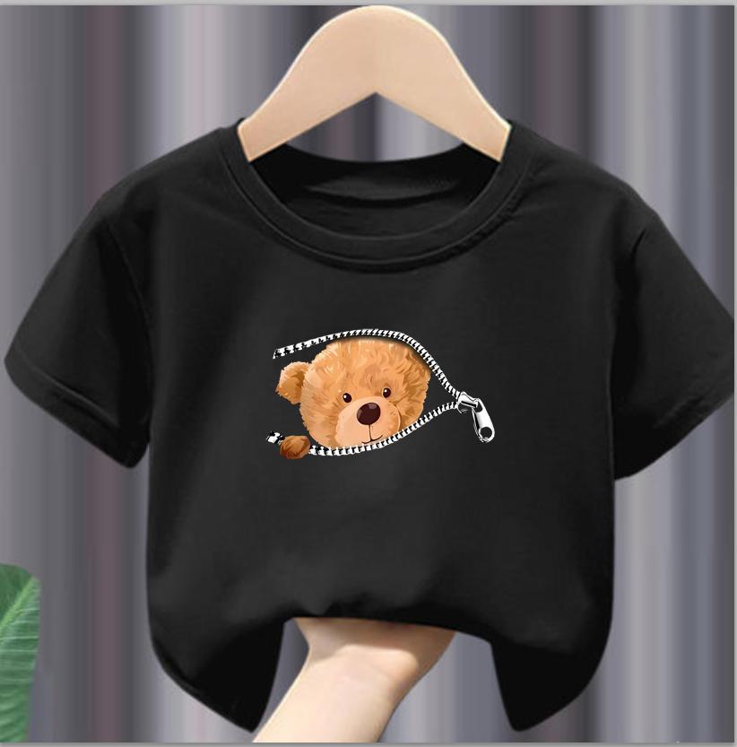Футболка с принтом Zipper Bear Graphic, креативная рубашка с коротким рукавом и круглым вырезом, повседневные топы, одежда для мальчиков