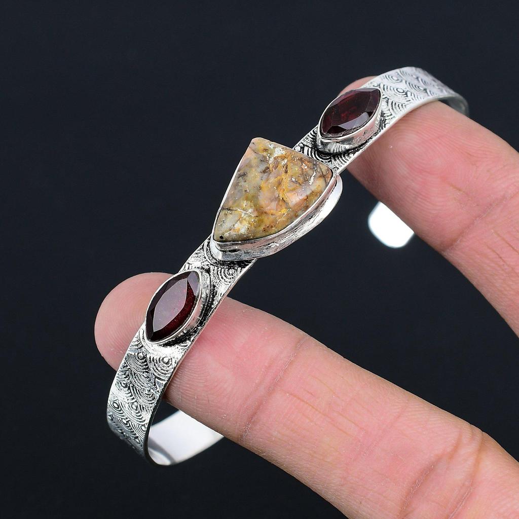 Natural Dendrite Tiger Gemstone Bangle Adjustable 925 Sterling Silver Jewelry