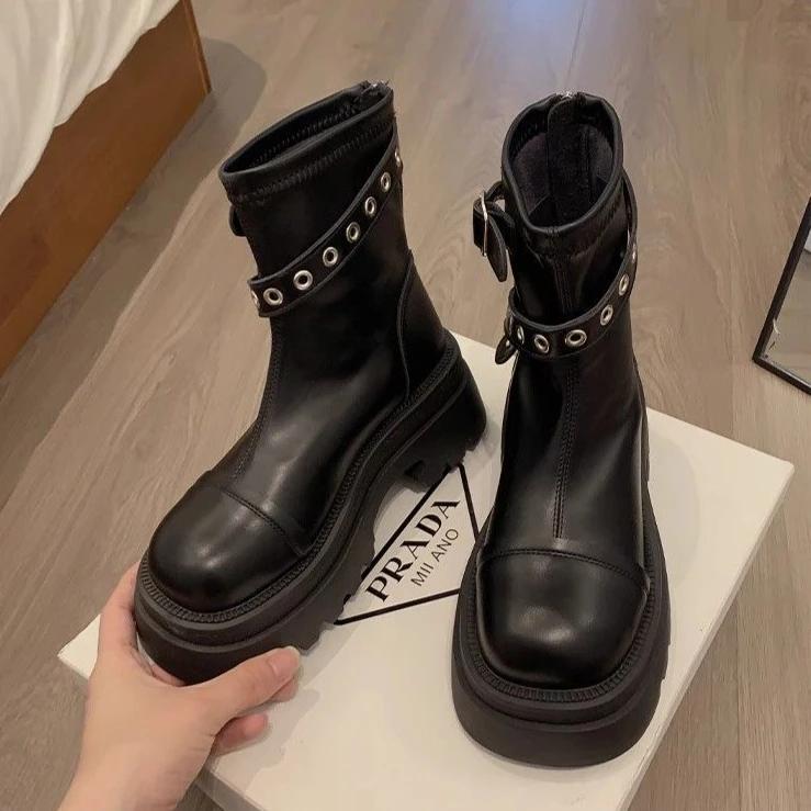 Ботинки кожаные черные с круглым носком женские короткие туфли на платформе в стиле панк массивные ботильоны для женщин распродажа высококачественные ботинки