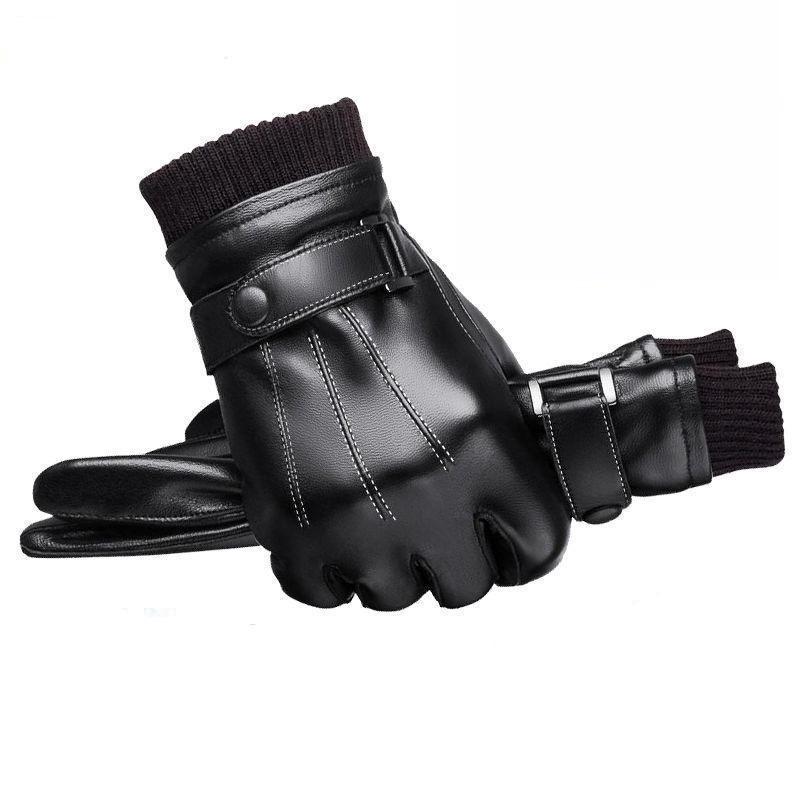 Men's Fleece-Lined Touchscreen Gloves for Winter Cycling & Skiing - Ribbed Leather, Cold Protection