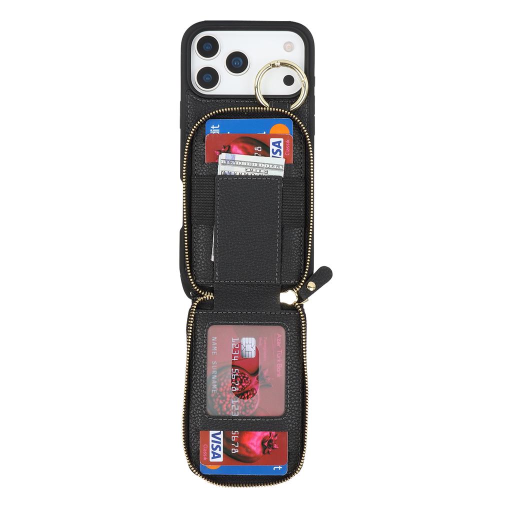 Чехол для iPhone 17 Pro Max с карманом на молнии / Кольцом-подставкой / Ремешком PU с текстурой личи + ТПУ Чехол для телефона