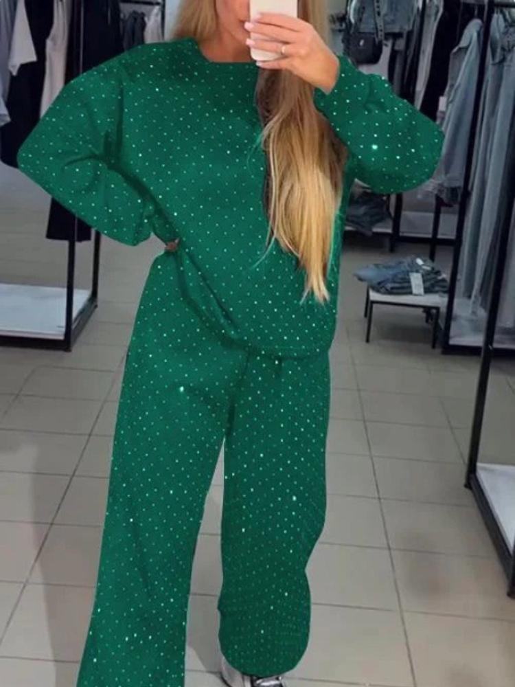 Женский однотонный спортивный костюм, повседневный топ с длинным рукавом и брюки с широкими штанинами