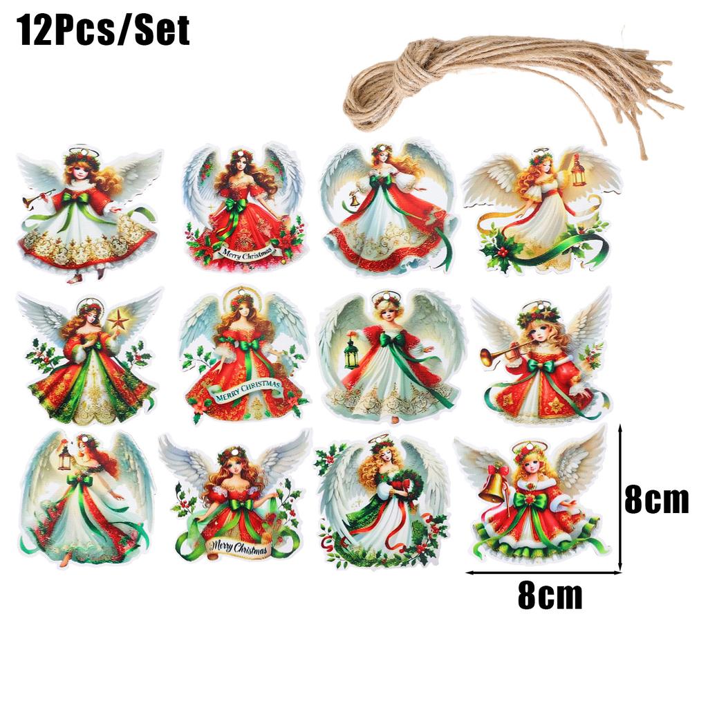 36/12pcs Wooden Christmas Angel Pendants Cartoon Vintage Angels Xmas Tree Hanging Pendant Holiday Party Decor Home Ornaments