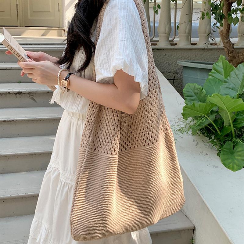 Дизайнерские вязаные сумки, вместительные сумки-тоуты для женщин, летние пляжные сумки, большие кошельки, повседневные ажурные тканые сумки через плечо