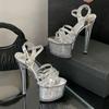 Мода Liyke Мода Ремешок с пряжкой Босоножки на платформе Женские Золотые с пайетками Узкий ремешок Открытый носок 17СМ Прозрачные каблуки Свадебная банкетная обувь