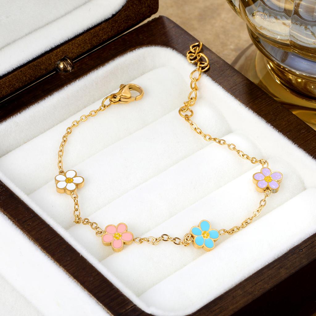 Romantic Cute Drip-Oil Colorful Flowers Charms Bracelets for Girls Ladies Surgical Steel Delicate Small Daisy Flower Jewelry
