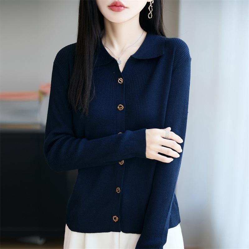 Wool Lapel Knitted Cardigan with Long Sleeves and Ribbed Cuffs, Loose-fitting Top
