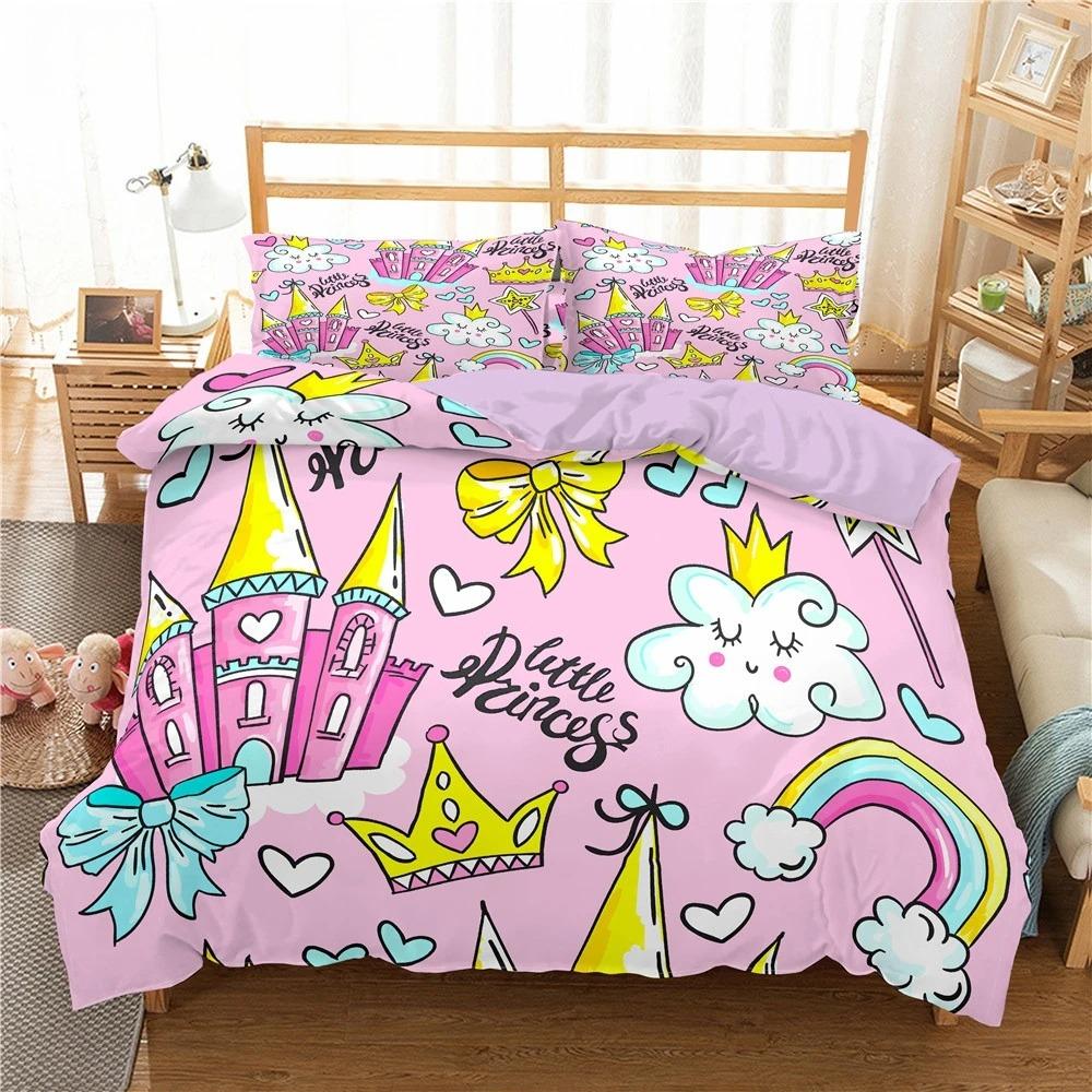 Kids Cartoon Duvet Cover Set Full/Queen Microfiber 3D Bedding Set Soft Pink Castle Princess Comforter Cover with Home Textile