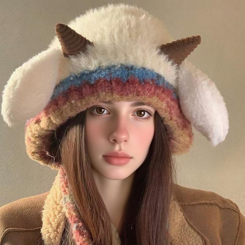 Милая маленькая кашемировая шапка Женская осенне-зимняя теплая шапка с завязками Вязаная шапка-ушанка Универсальный пуловер Универсальные милые рожки Плюшевая шапка-бомбер для мужчин