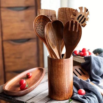 8 шт. Термостойкая деревянная кухонная утварь - Премиальный набор для сковород с антипригарным покрытием Лопатка/Ложка/Вилка в комплекте Практичные кухонные инструменты