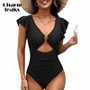 Ruffle One Piece Swimsuit Women O-Ring Cutout Bathing Suit Sexy Monokini Swimwear S-XL