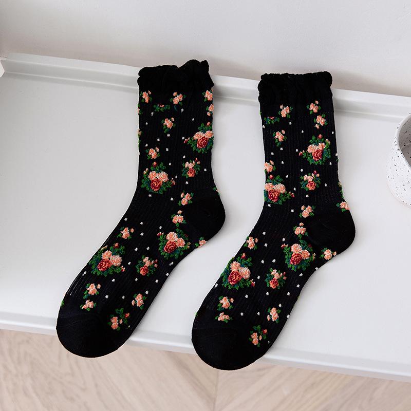 Harajuku Ретро женские носки винтажные этнические цветочные принты японские милые носки Kawaii женские летние сетчатые тонкие шелковые кружевные носки с рюшами