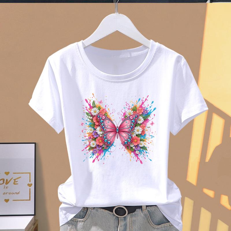 (Азиатский размер) Женский топ T-shirt леопардовый стиль Принт Круглый вырез Модный Женский Повседневный Графический Футболка С коротким рукавом Футболки