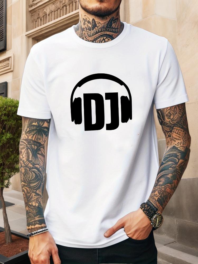 Unisex O Neck Tee Dj Headphones Music Letter Graphic Print Cotton Short Sleeve Loose Summer Breathable Daily Casual Basic Wear Top