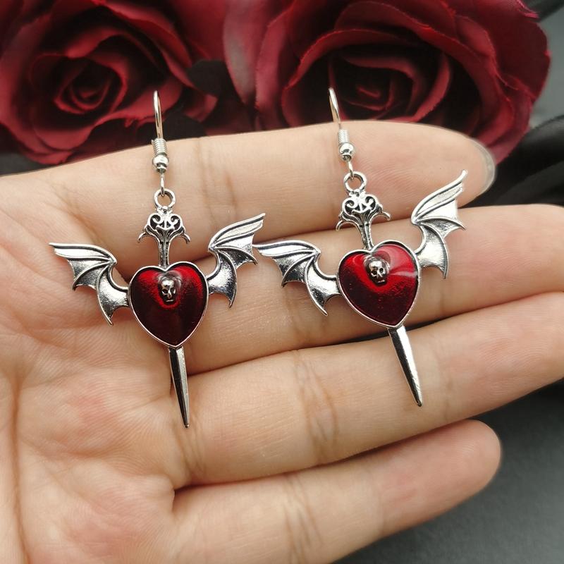 New Goth Skull Heart Enamel Peach HeartEarrings Personality Retro Red Roses Flowers Gothic Women's Earings Hanging Jewellry