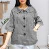 Women Summer Doll Collar Casual 3/4 Sleeve Plaid Blouse