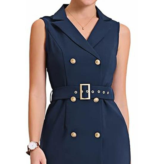 Женские костюмные платья, летнее облегающее платье миди без рукавов, двубортное платье с V-образным вырезом и поясом для работы в офисе