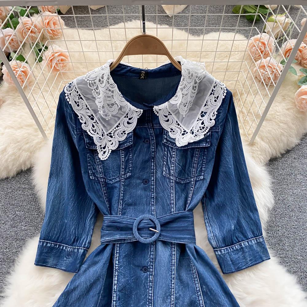 RUGOD Платье с французской талией и кружевной строчкой, джинсовое платье-рубашка на пуговицах с рукавами три четверти, чувство маленького темперамента
