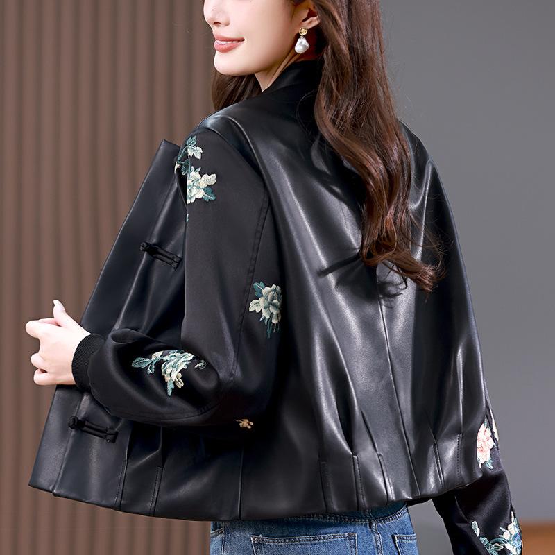 Leather Jacket Women's Spring and Autumn New Casual New Chinese Style Light National Style High-end Short Button Top