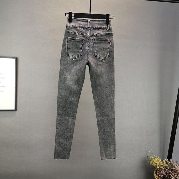 Весенние и осенние уличные женские джинсовые брюки с высокой талией и украшением. Брюки