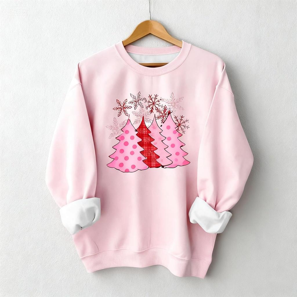 Women's Christmas Tree Printed Fashionable Round-neck Long-sleeved Sweatshirt Top