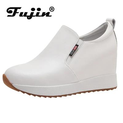 Fujin/ботинки из синтетической кожи из натуральной кожи 7 см, женские модные туфли-лодочки на танкетке на платформе, осень-весна, пикантные ботинки на скрытом каблуке