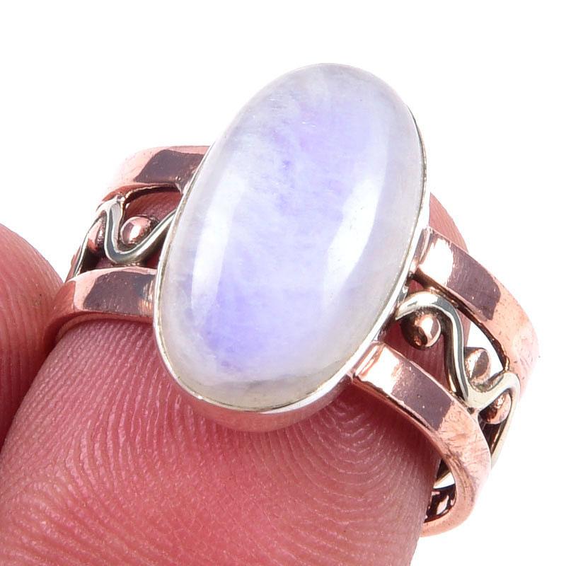 Natural Rainbow Moonstone Gemstone 925 Sterling Silver Two Tone Ring Size 7 A5i85