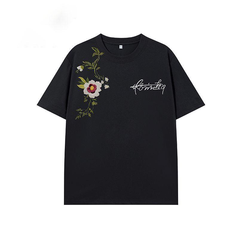 Американский уличный стиль, футболка с коротким рукавом и вышивкой в виде цветочного венка, для мужчин и женщин, летняя, свободная, тяжелая, свободного кроя, брендовая, с рукавом до локтя