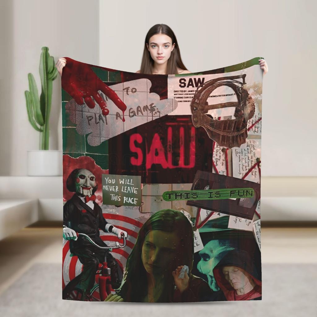 Saw Horror Movie Fashion Blanket Cover Funny Halloween Jigsaw Flannel Throw Fashion Blankets Home Couch Printed Soft Warm Bedspreads Breatha