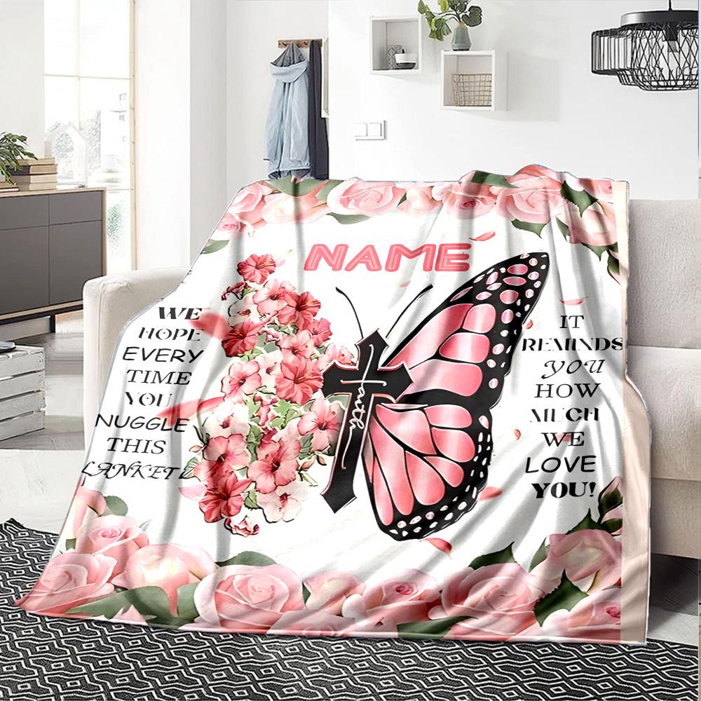 Butterfly Floral Blanket With Love Message And Cross Design Multipurpose Customizable Blanket Personalized Text Soft Warm Cozy Perfect For Sofa Couch